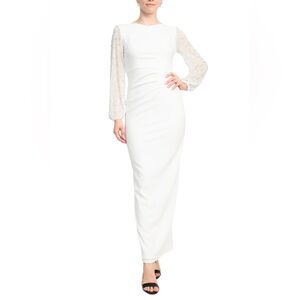 Marina Boat White Neck Embellished Chiffon Sleeve Solid Crepe Cocktail Dress 12